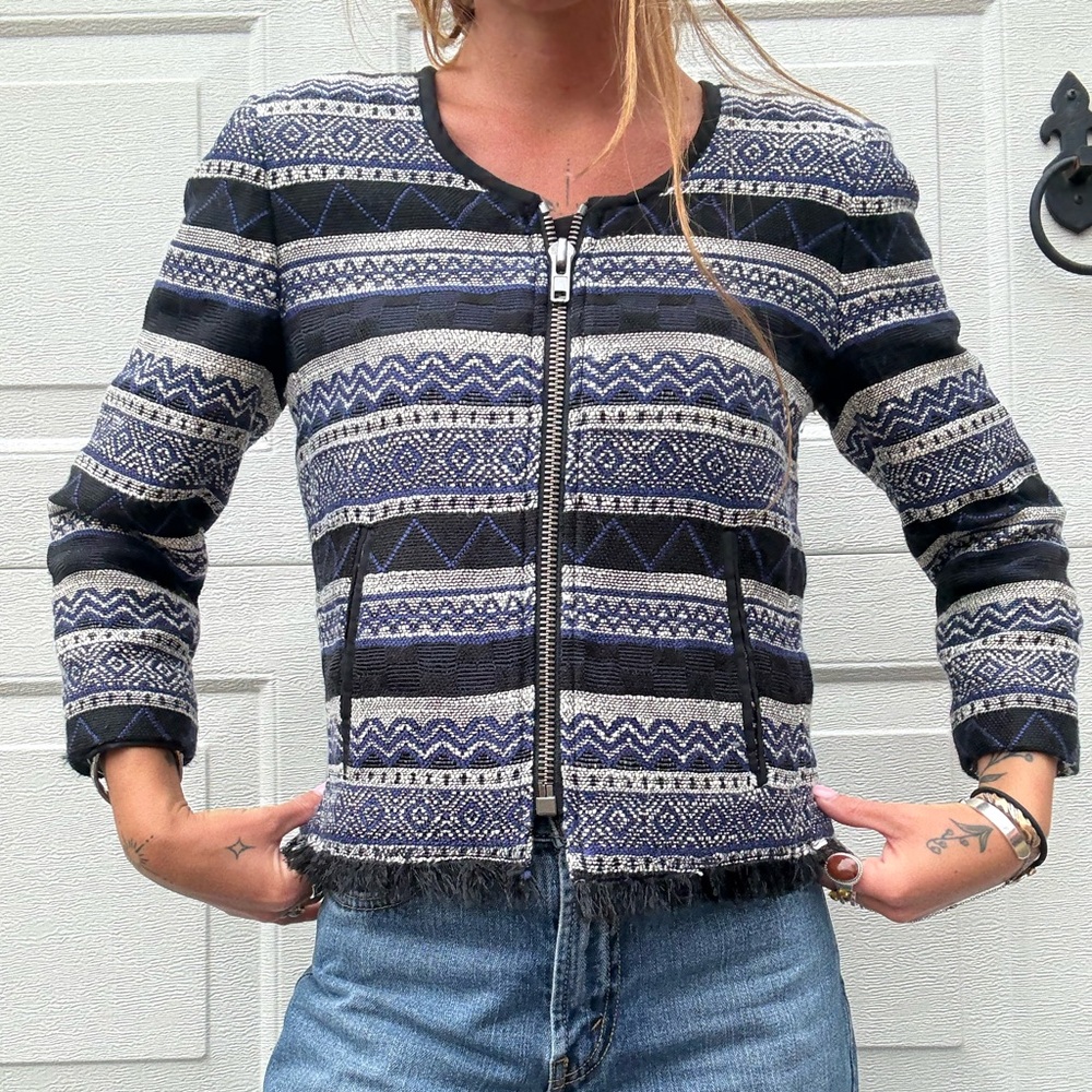 Navy Blue and White Aztec Patterned Jacket With Fringe